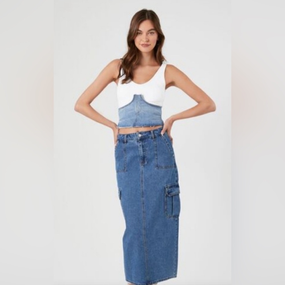 Forever 21 Y2K Classic Blue Denim Capsule Wardrobe Maxi Cargo Back Slit Skirt